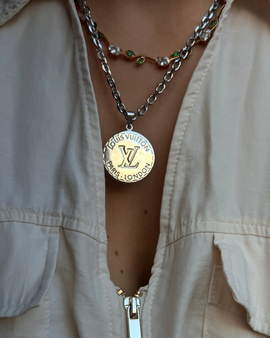Authentic Louis Vuitton Silver Round Pendant- Reworked Necklace