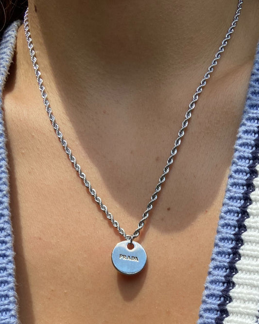 Authentic Silver Prada Mini circle tag - Repurposed Necklace