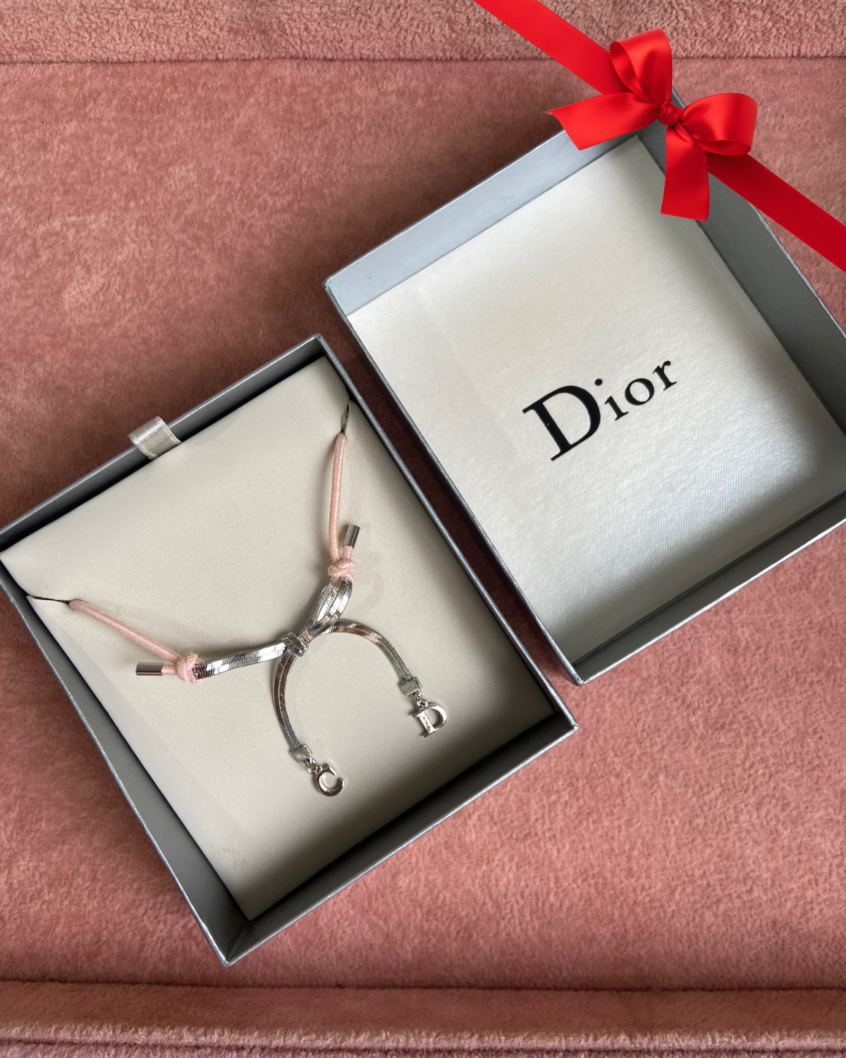 Vintage Christian Dior Silver Pink Chord Choker CD Logo Ribbon Necklace