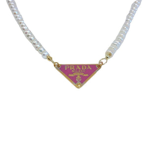 Repurposed Authentic Prada Pink tag - Pearls Necklace - Boutique SecondLife