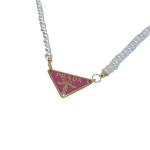 Repurposed Authentic Prada Pink tag - Pearls Necklace - Boutique SecondLife