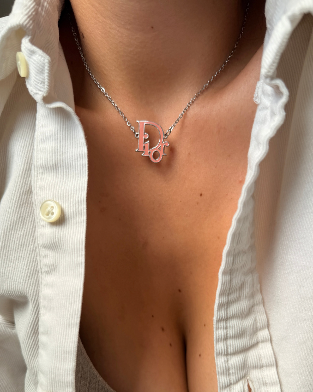 Authentic Dior Pink Logo Pendant-  Necklace