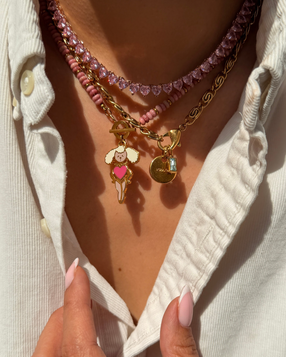 Authentic Prada Reworked Poodle Necklace – Pink Rhodochrosite Natural Stones