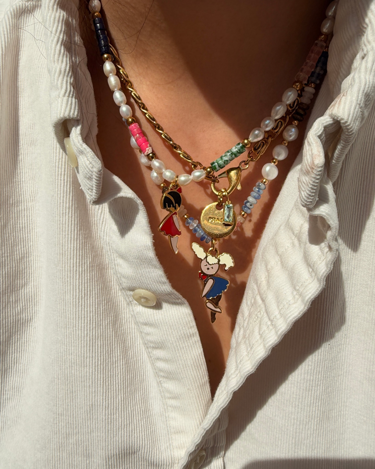 Authentic Prada Reworked Girl Charm Necklace – Freshwater Pearls & Colourful Natural Stones