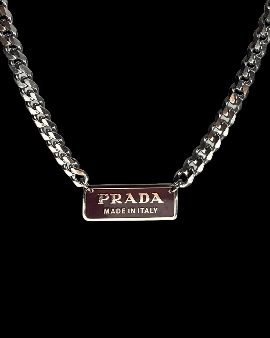 Authentic Silver Prada Square plaque tag - Repurposed Necklace