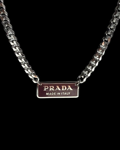 Authentic Silver Prada Square plaque tag - Repurposed Necklace