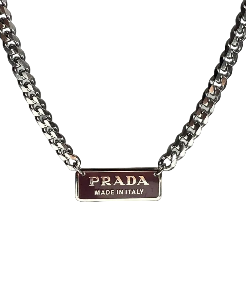Authentic Silver Prada Square plaque tag - Repurposed Necklace