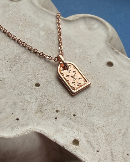 Authentic Louis Vuitton Nanogram luggage tag Pendant - Reworked Rose Gold Necklace