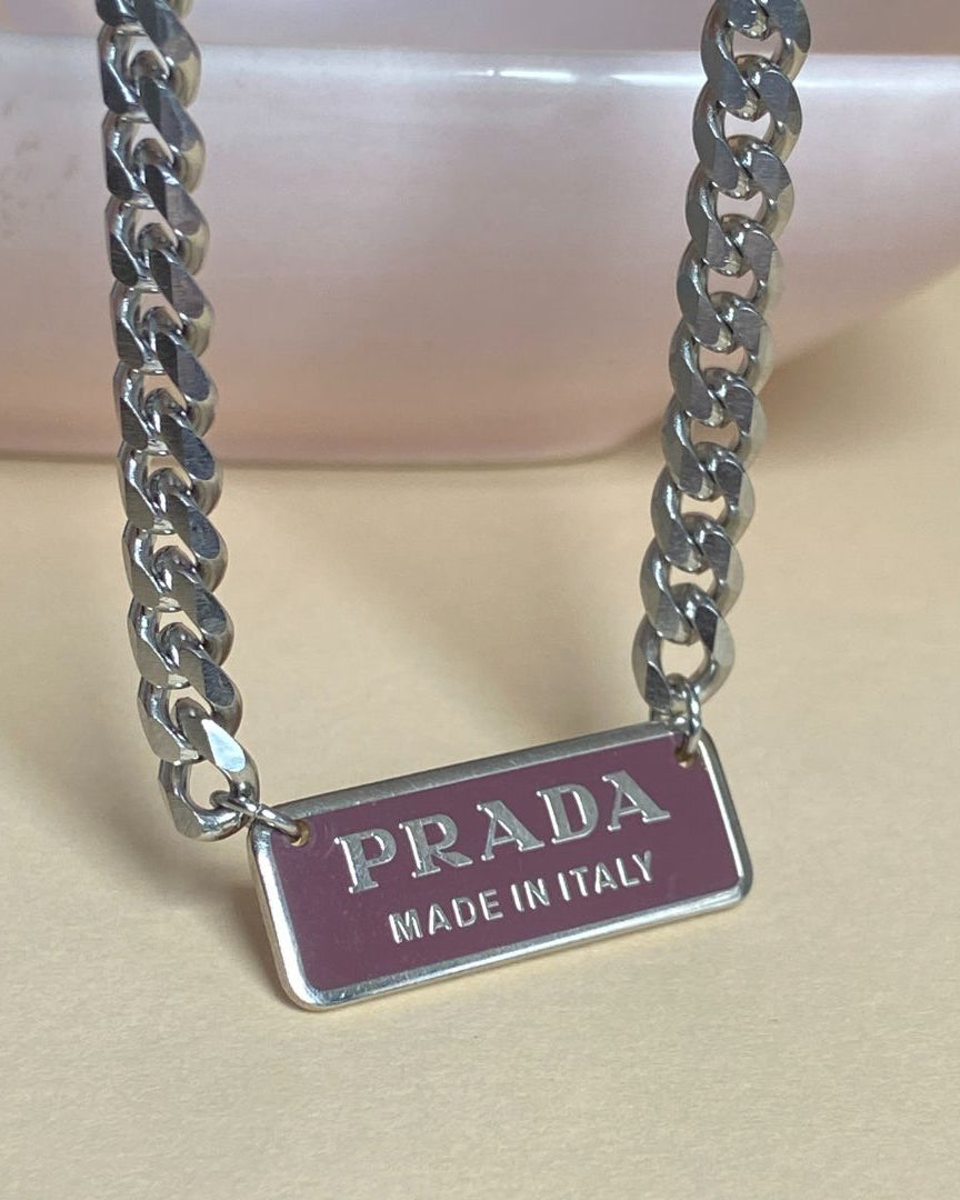 Authentic Silver Prada Square plaque tag - Repurposed Necklace
