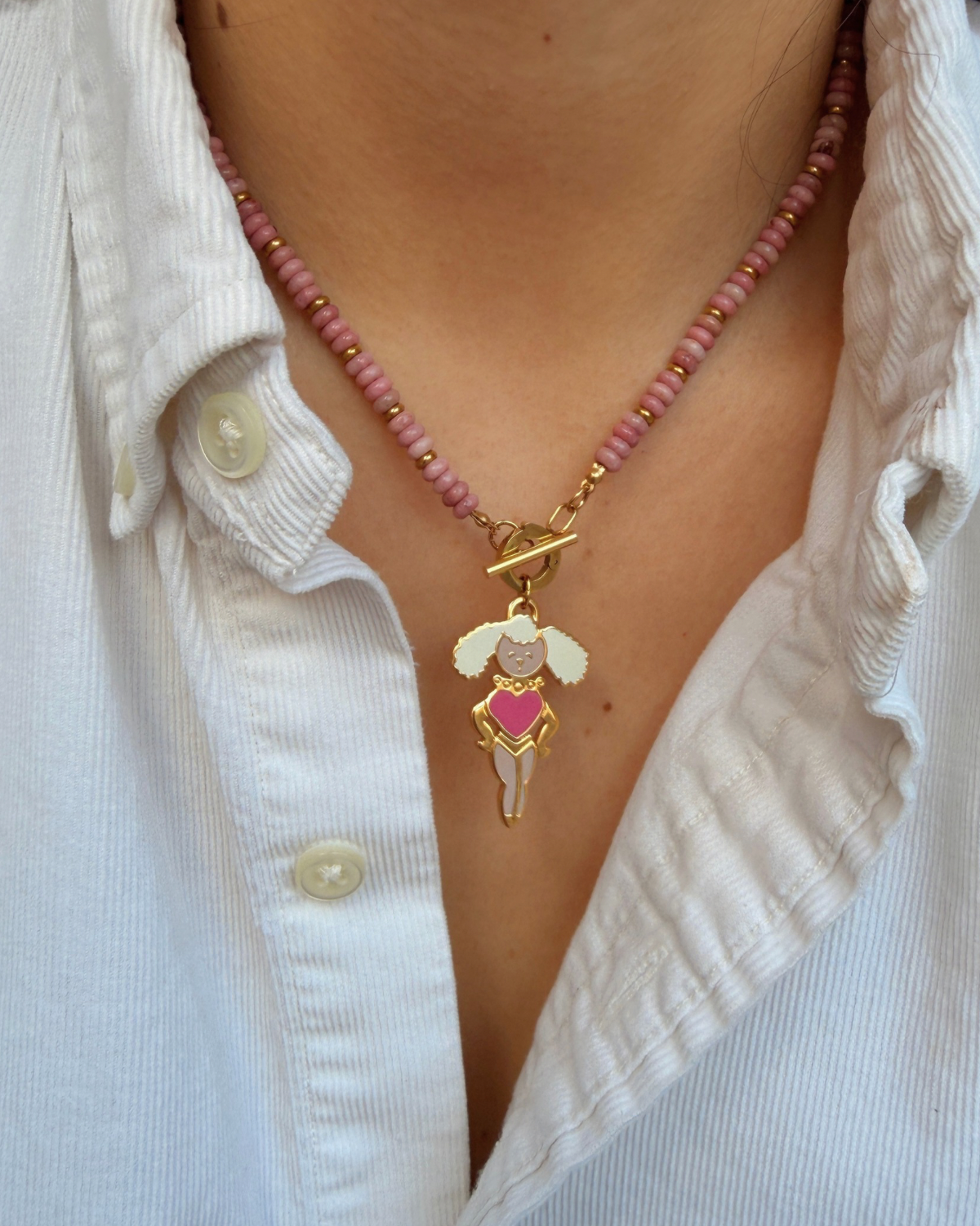 Authentic Prada Reworked Poodle Necklace – Pink Rhodochrosite Natural Stones