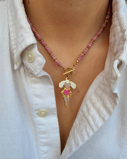 Authentic Prada Reworked Poodle Necklace – Pink Rhodochrosite Natural Stones