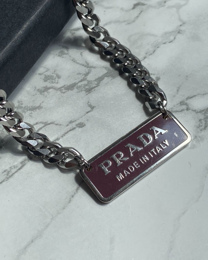 Authentic Silver Prada Square plaque tag - Repurposed Necklace