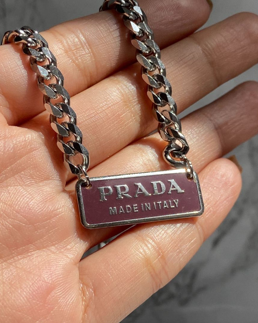Authentic Silver Prada Square plaque tag - Repurposed Necklace