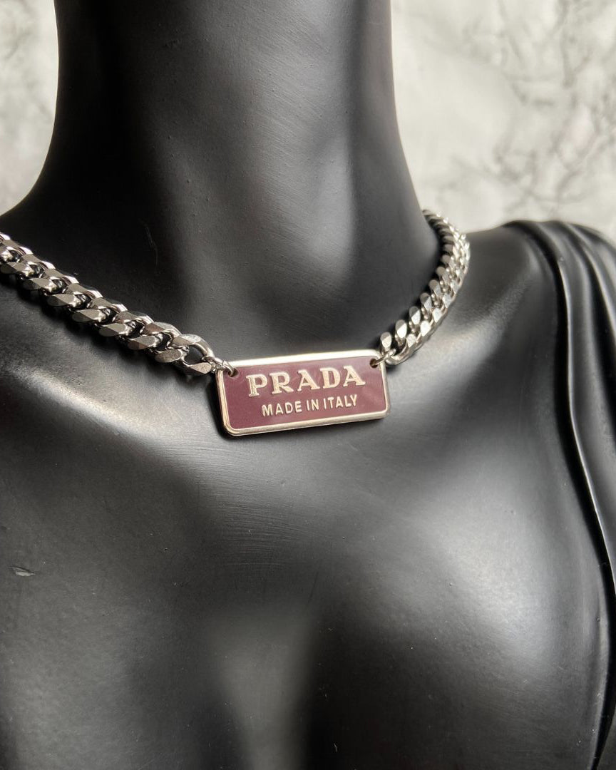 Authentic Silver Prada Square plaque tag - Repurposed Necklace