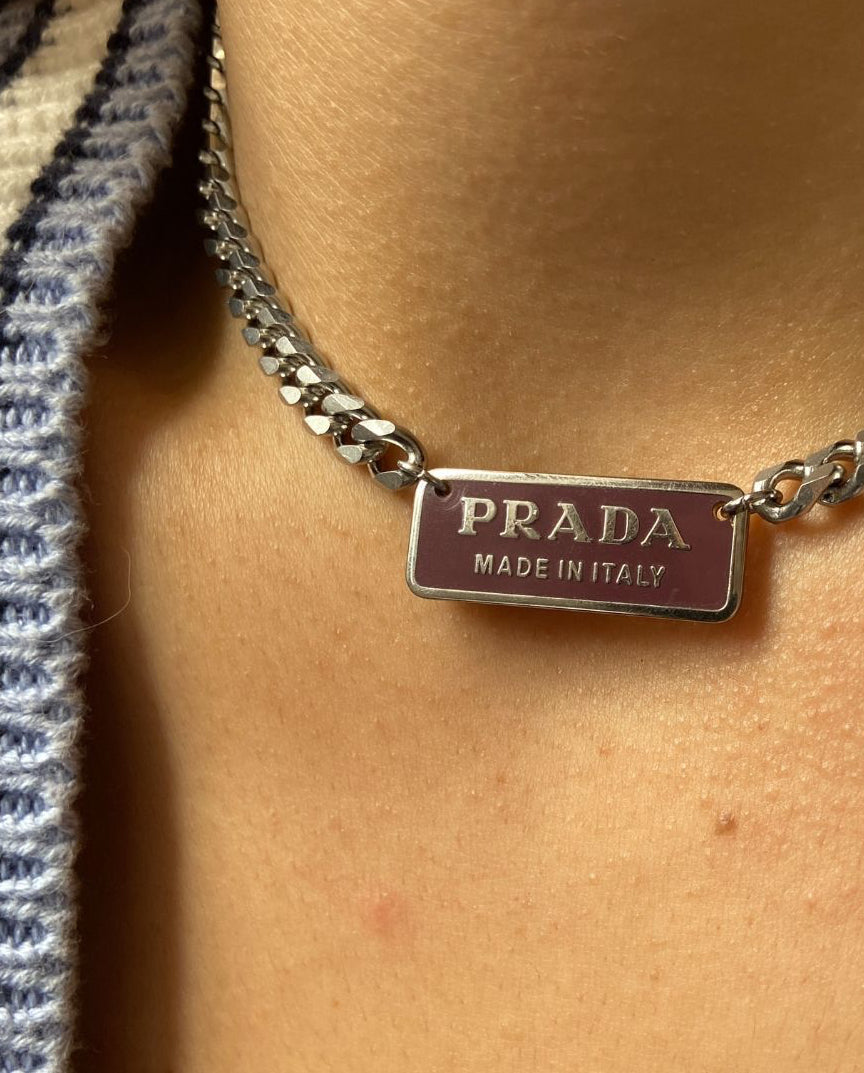 Authentic Silver Prada Square plaque tag - Repurposed Necklace