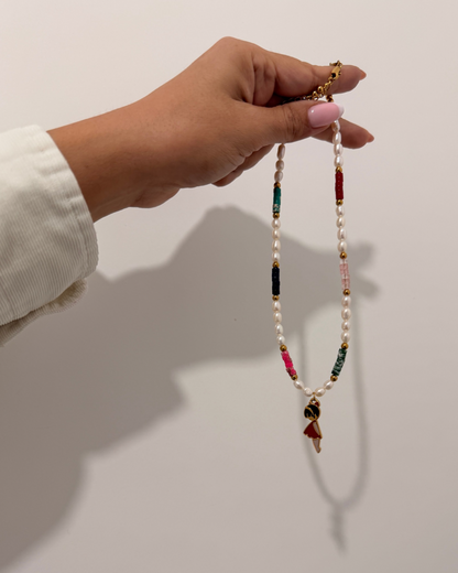 Authentic Prada Reworked Girl Charm Necklace – Freshwater Pearls & Colourful Natural Stones