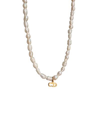 Authentic Mini Cd Tag Dior pendant -Repurposed Pearl Necklace