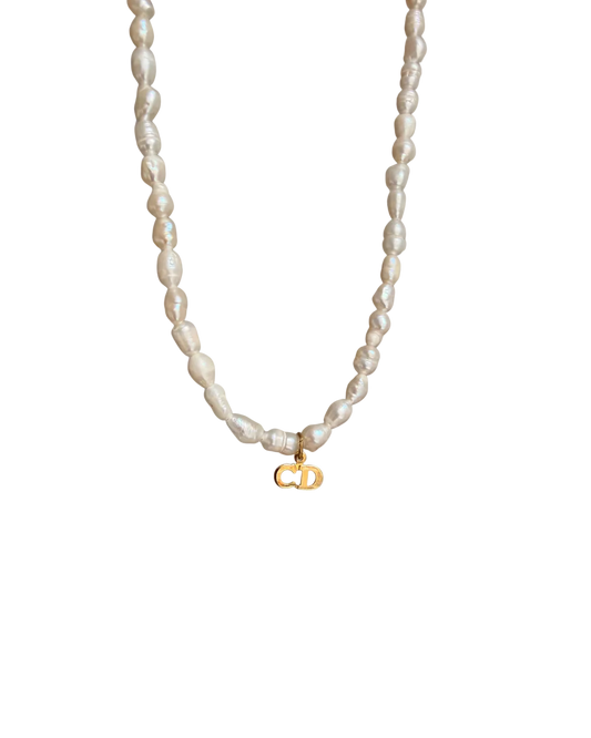 Authentic Mini Cd Tag Dior pendant -Repurposed Pearl Necklace