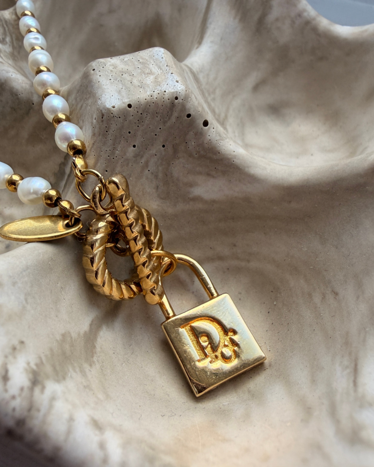 Authentic  Dior Padlock - Reworked Pearls Necklace