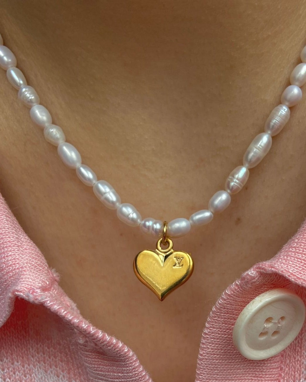 Authentic Louis Vuitton Heart Pendant-Reworked Pearls Necklace