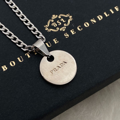Authentic Silver Prada Mini circle tag - Repurposed Necklace