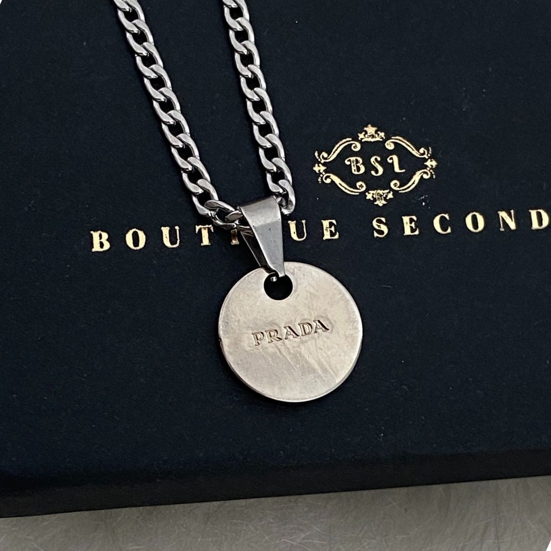 Authentic Silver Prada Mini circle tag - Repurposed Necklace