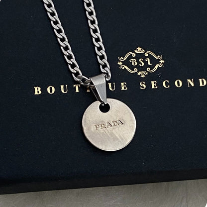 Authentic Silver Prada Mini circle tag - Repurposed Necklace