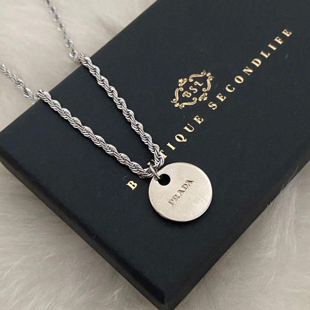 Authentic Silver Prada Mini circle tag - Repurposed Necklace