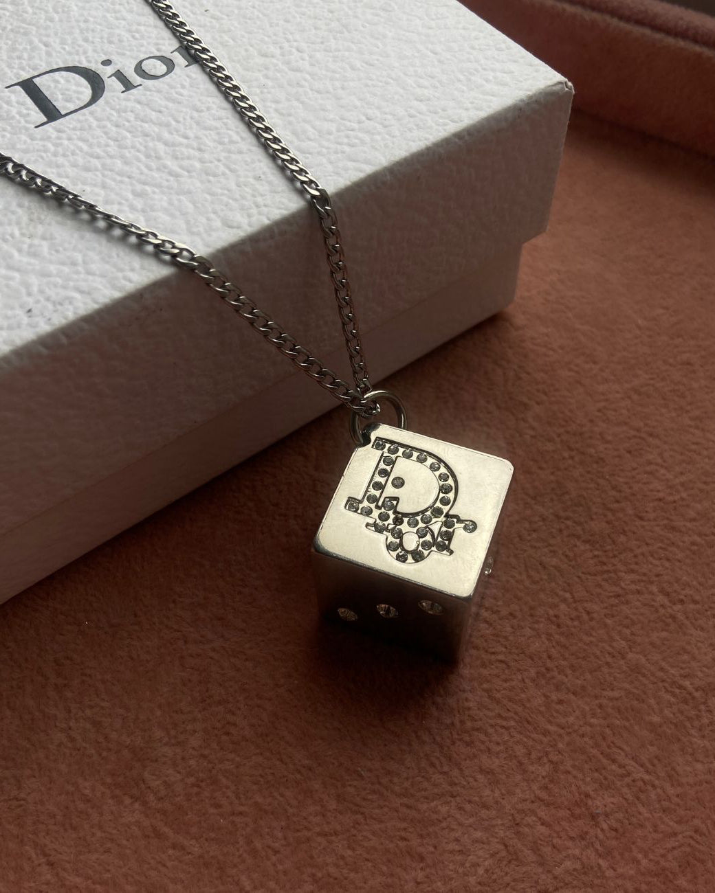Authentic Dior Dice Rhinestone Logo Pendant- Reworked Necklace