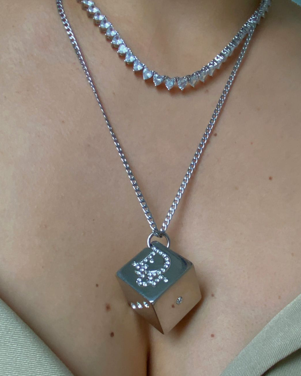 Authentic Dior Dice Rhinestone Logo Pendant- Reworked Necklace