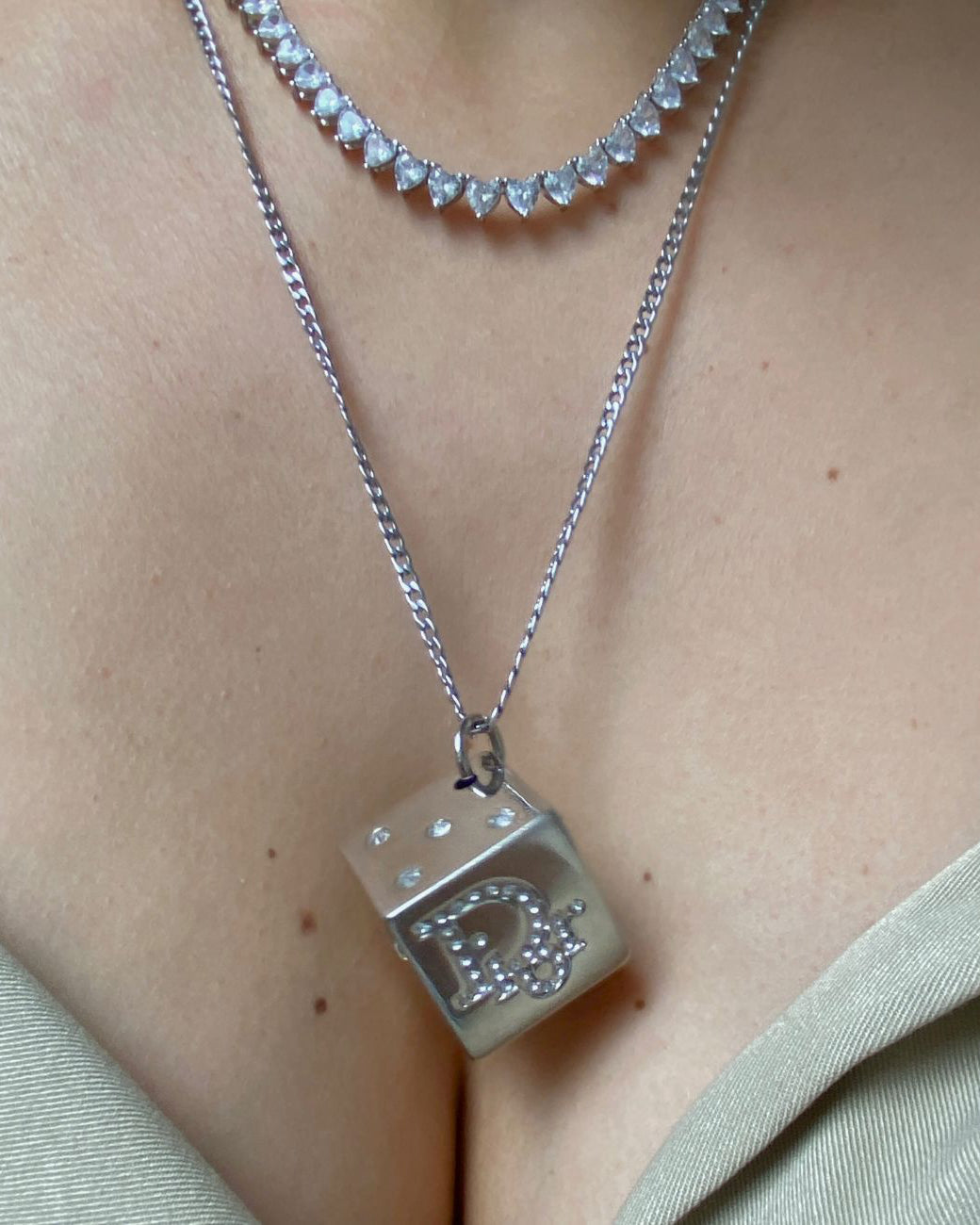 Authentic Dior Dice Rhinestone Logo Pendant- Reworked Necklace