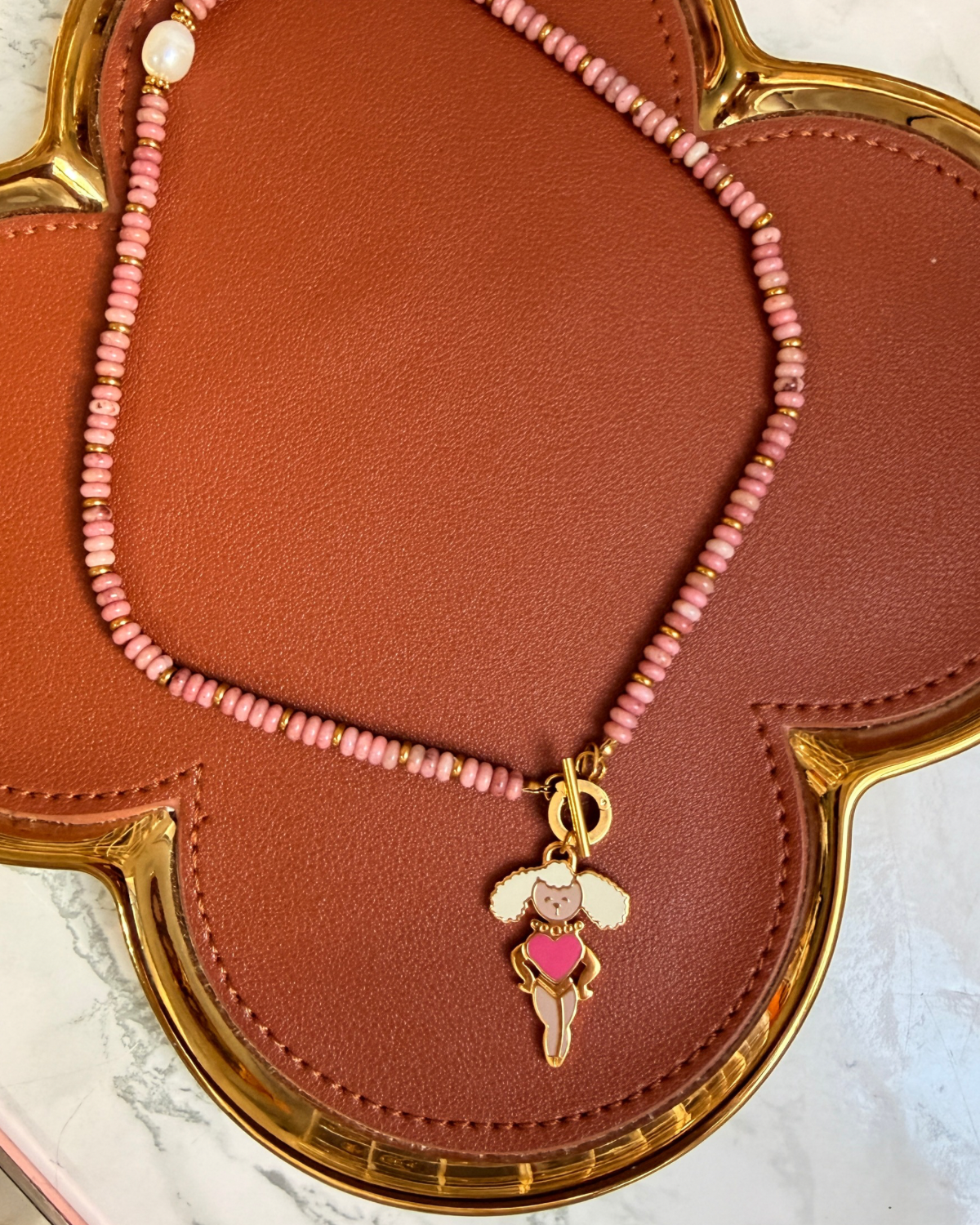 Authentic Prada Reworked Poodle Necklace – Pink Rhodochrosite Natural Stones
