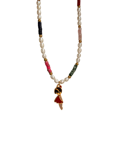 Authentic Prada Reworked Girl Charm Necklace – Freshwater Pearls & Colourful Natural Stones