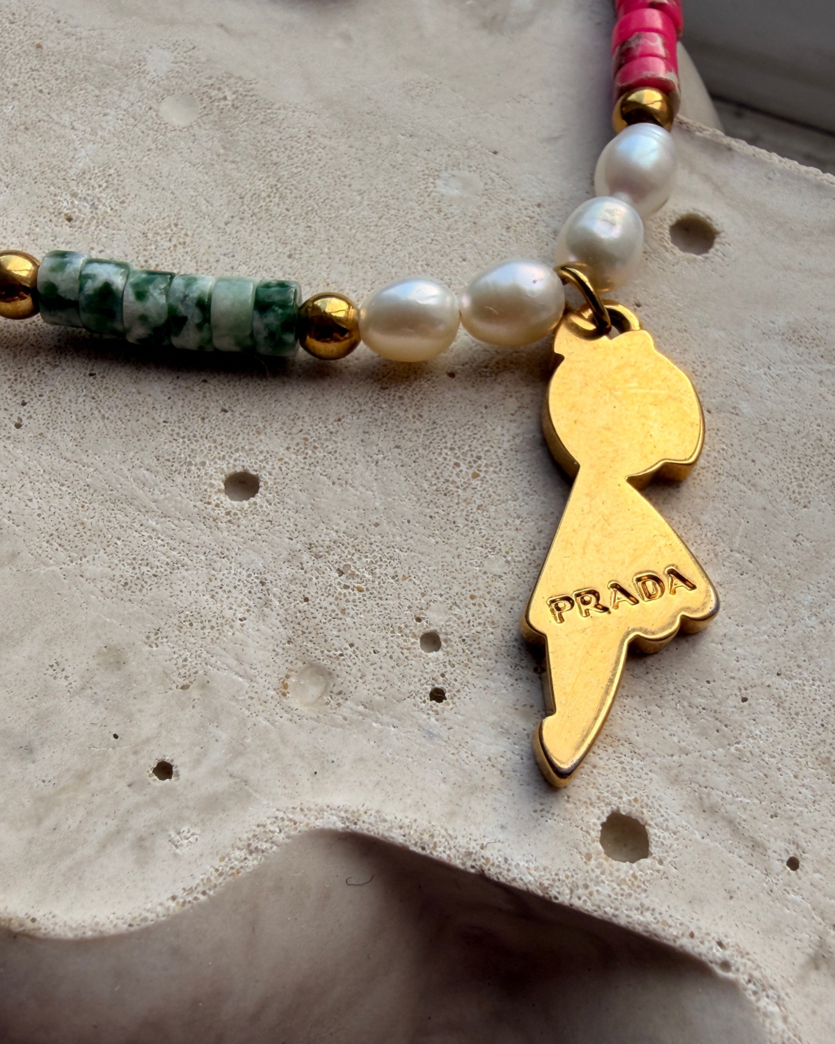 Authentic Prada Reworked Girl Charm Necklace – Freshwater Pearls & Colourful Natural Stones