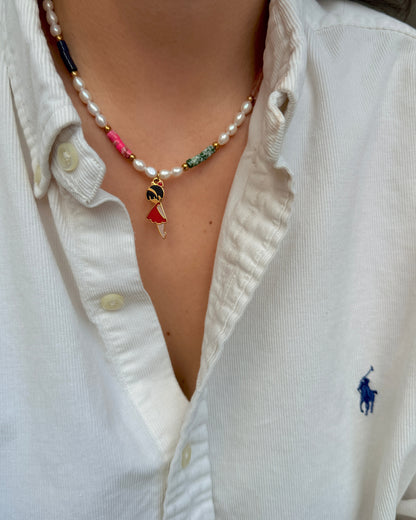 Authentic Prada Reworked Girl Charm Necklace – Freshwater Pearls & Colourful Natural Stones