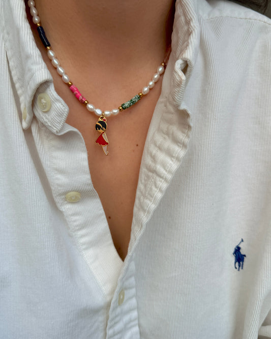 Authentic Prada Reworked Girl Charm Necklace – Freshwater Pearls & Colourful Natural Stones
