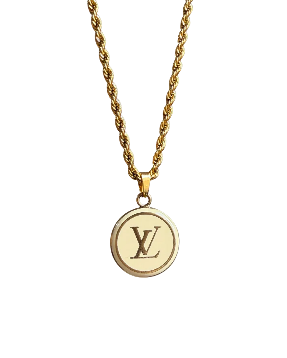 Authentic Louis Vuitton White Logo Round Pendant- Necklace