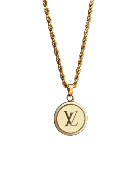 Authentic Louis Vuitton White Logo Round Pendant- Necklace