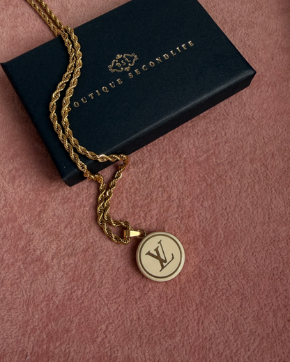 Authentic Louis Vuitton White Logo Round Pendant- Necklace