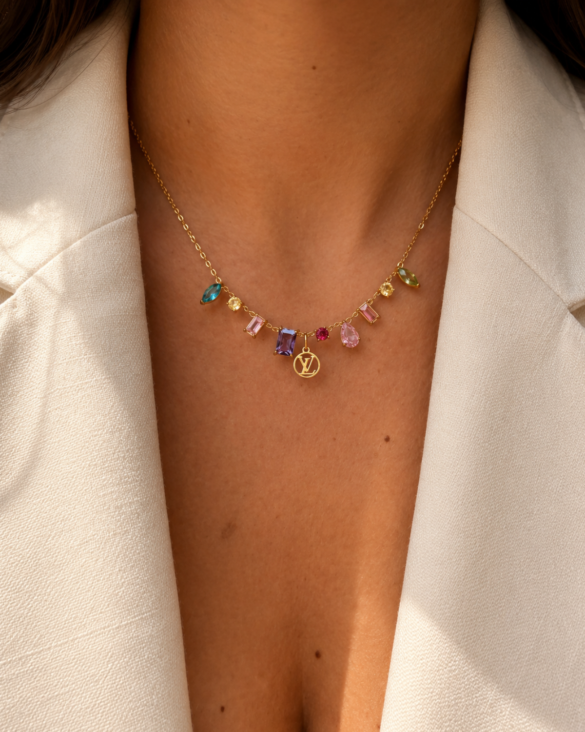 Authentic Louis Vuitton Logo Pendant- Reworked Stone Necklace