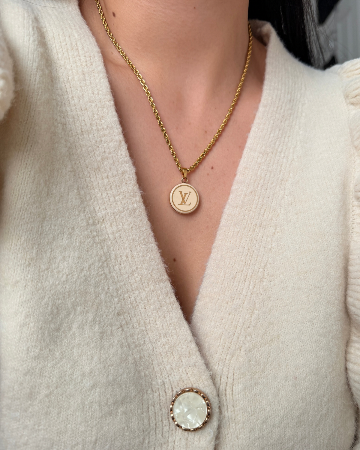 Authentic Louis Vuitton White Logo Round Pendant- Necklace