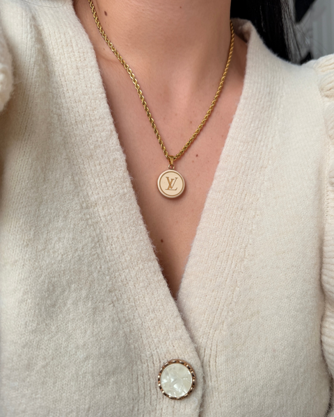 Authentic Louis Vuitton White Logo Round Pendant- Necklace