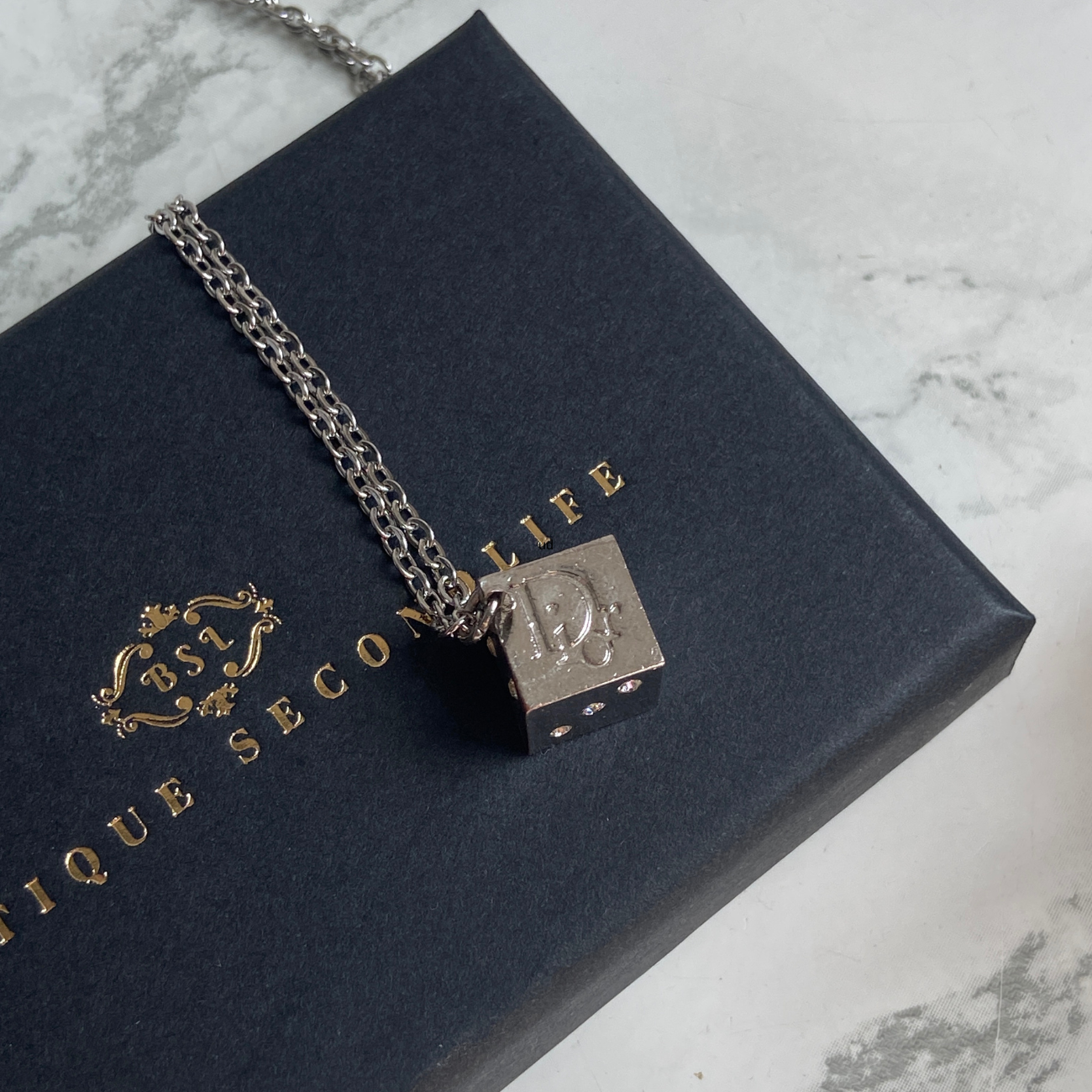 Mini Authentic Dior Dice Rhinestone Logo Pendant- Reworked Necklace