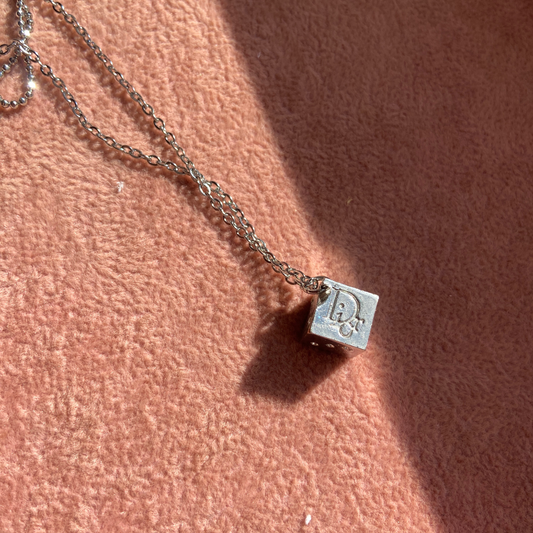 Mini Authentic Dior Dice Rhinestone Logo Pendant- Reworked Necklace