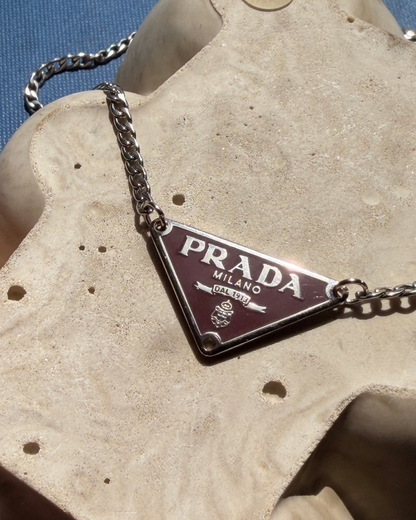 Repurposed Authentic Silver Prada Vermillon plaque tag - Necklace