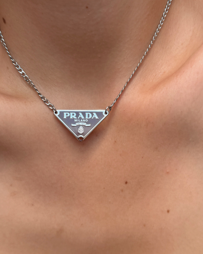 Repurposed Authentic Silver Prada Vermillon plaque tag - Necklace
