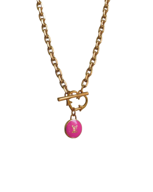 Authentic Louis Vuitton Logo Fuscia Pendant- Necklace