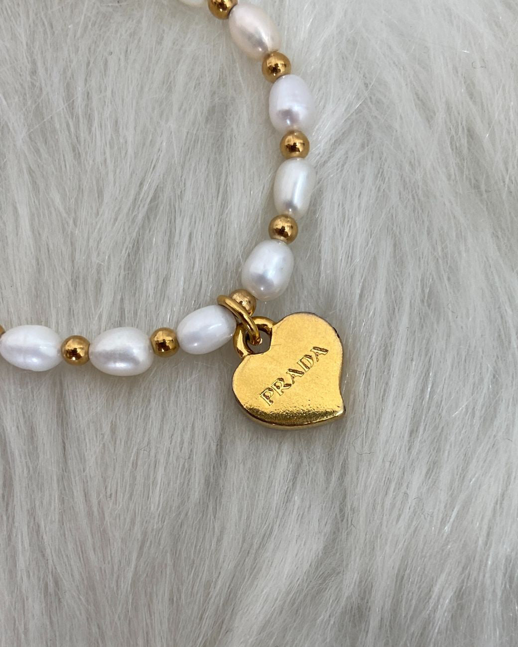 Repurposed Authentic Prada Mini Heart - Pearls & Beads Bracelet