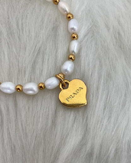 Repurposed Authentic Prada Mini Heart - Pearls & Beads Bracelet