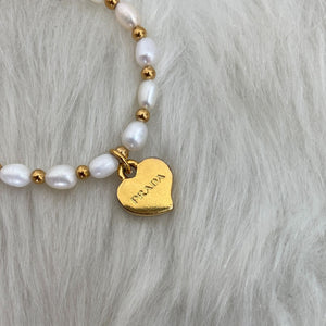 Repurposed Authentic Prada Mini Heart - Pearls & Beads Bracelet